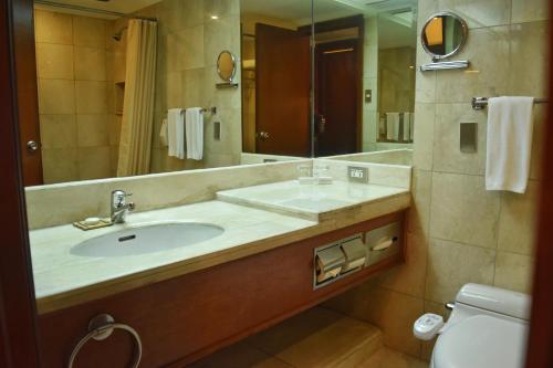 La salle de bains est pourvue d'un lavabo, d'un miroir et de toilettes. dans l'établissement Manila Prince Hotel, à Manille